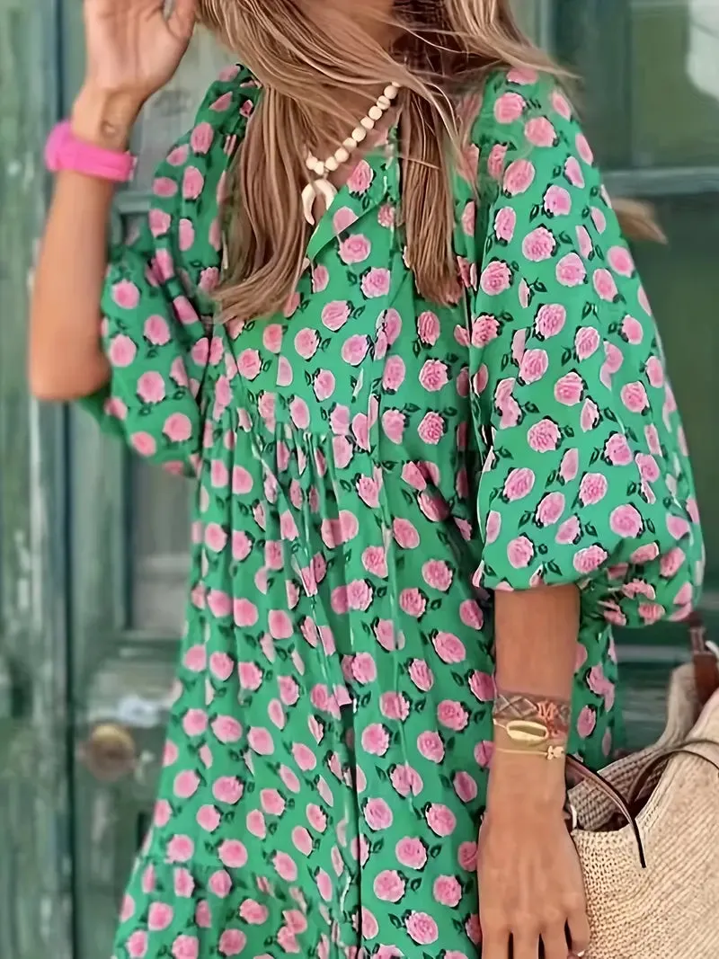 NEW Oversized Loose Bohemian Allover Print Tie Neck Loose Dress, Vacation Long Sleeve Tiered Maxi Dress, Women's Clothing, Sz M, Retails $104