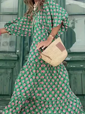 NEW Oversized Loose Bohemian Allover Print Tie Neck Loose Dress, Vacation Long Sleeve Tiered Maxi Dress, Women's Clothing, Sz M, Retails $104