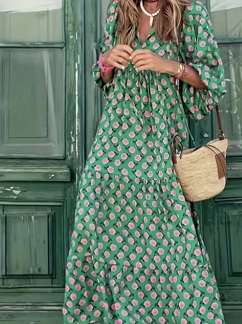 NEW Oversized Loose Bohemian Allover Print Tie Neck Loose Dress, Vacation Long Sleeve Tiered Maxi Dress, Women's Clothing, Sz M, Retails $104