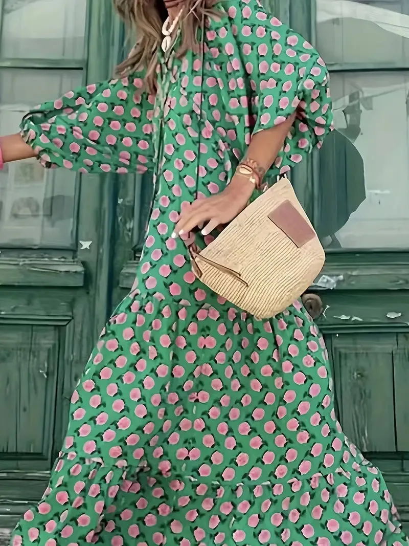 NEW Oversized Loose Bohemian Allover Print Tie Neck Loose Dress, Vacation Long Sleeve Tiered Maxi Dress, Women's Clothing, Sz M, Retails $104