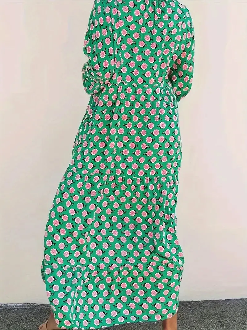 NEW Oversized Loose Bohemian Allover Print Tie Neck Loose Dress, Vacation Long Sleeve Tiered Maxi Dress, Women's Clothing, Sz M, Retails $104