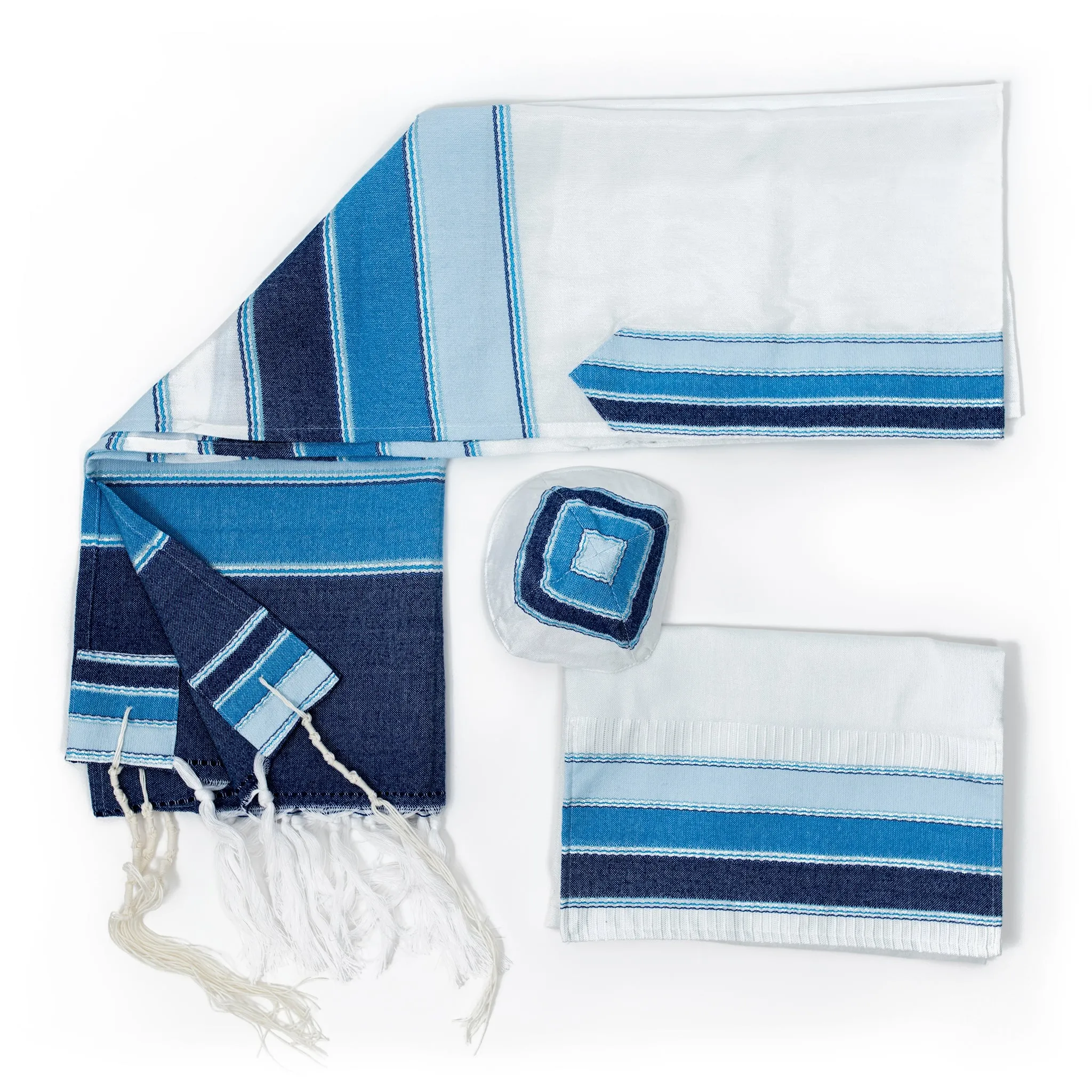 Noam - Silk Tallit - 3 Blues and Silver on White