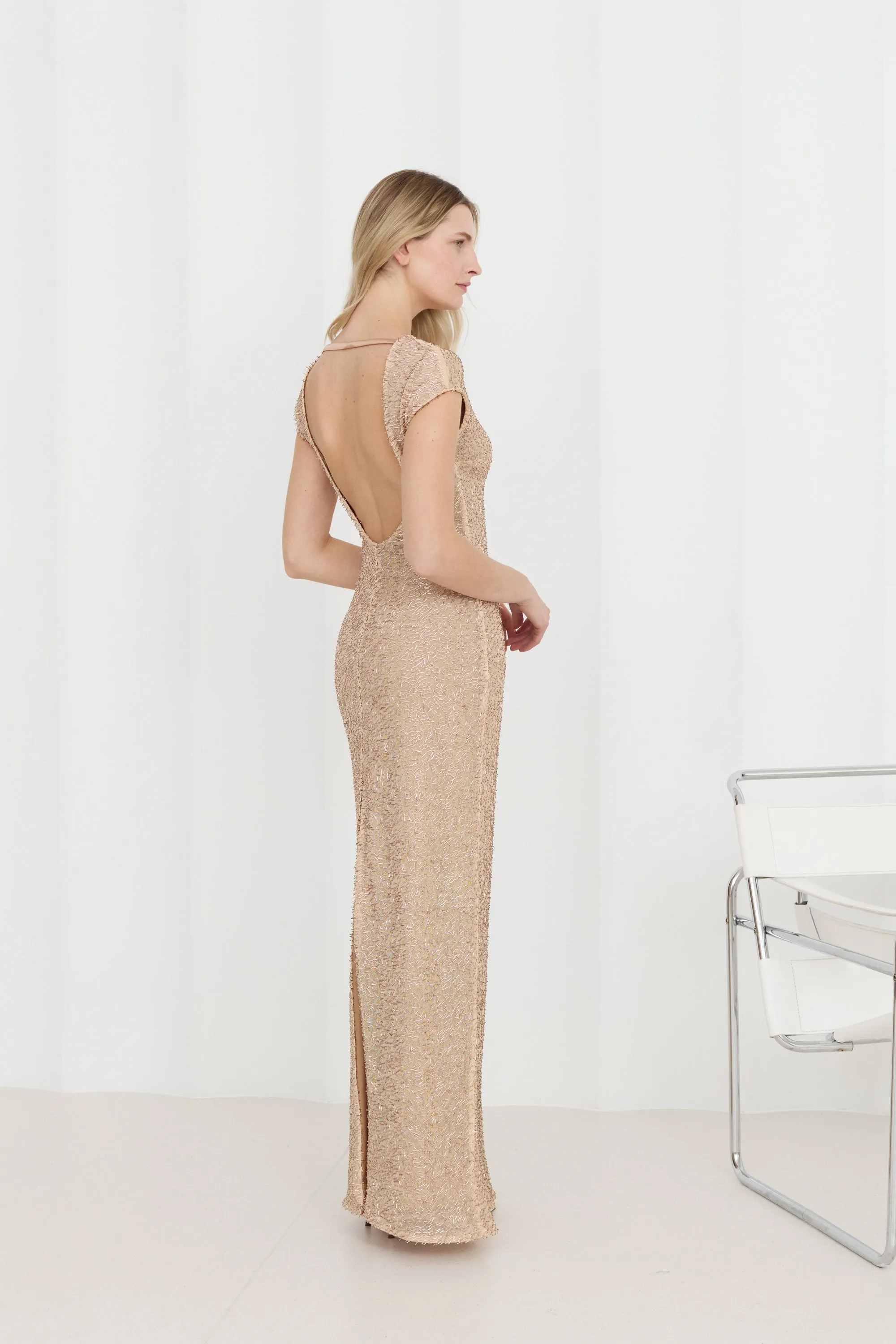 NORA Beaded Nude-Toned Evening Gown