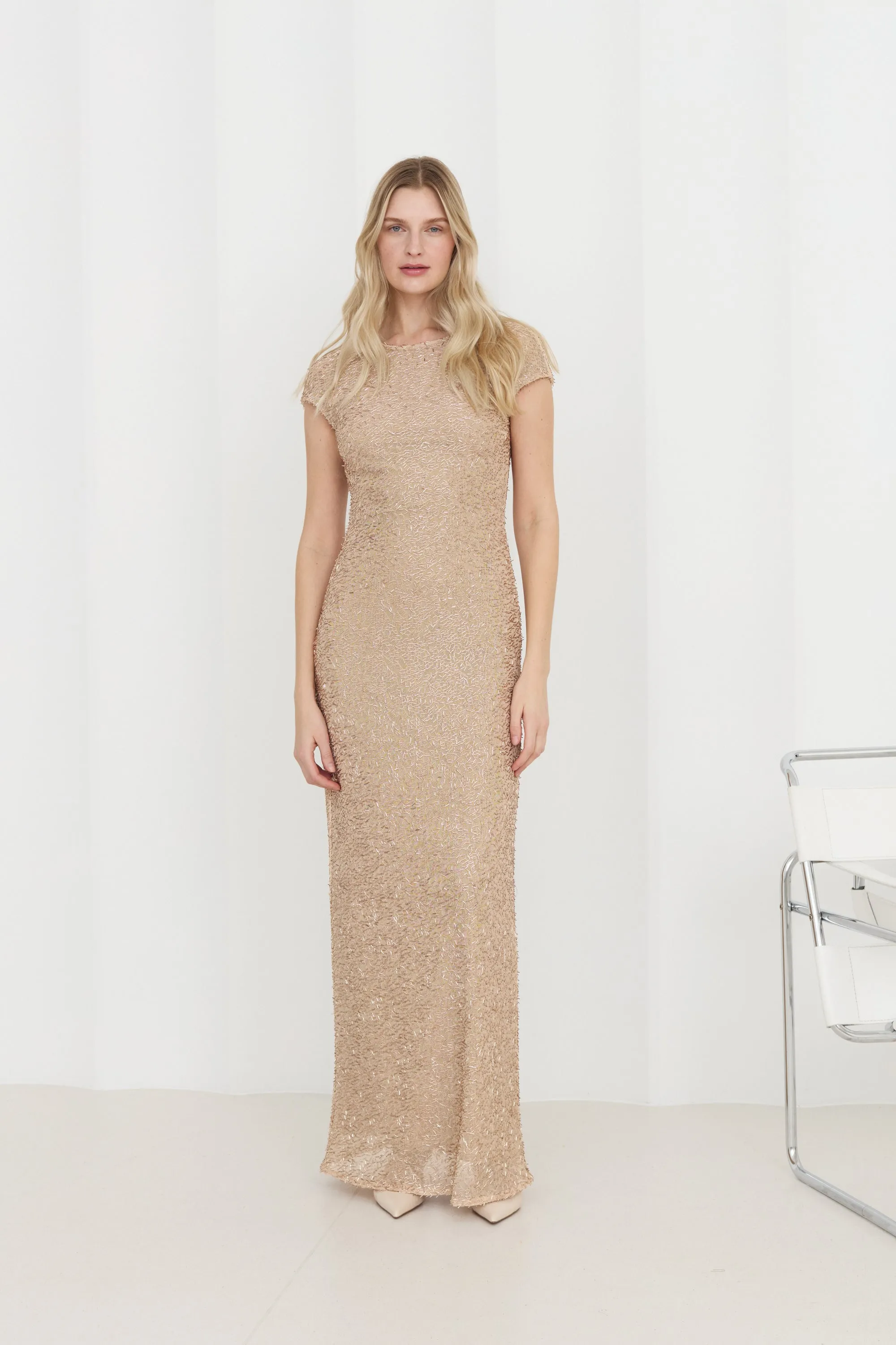 NORA Beaded Nude-Toned Evening Gown