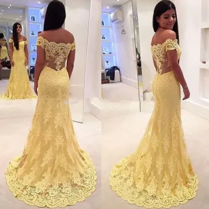 off the shoulder yellow evening dresses long short sleeve lace appliqué mermaid elegant sexy evening gown formal dress