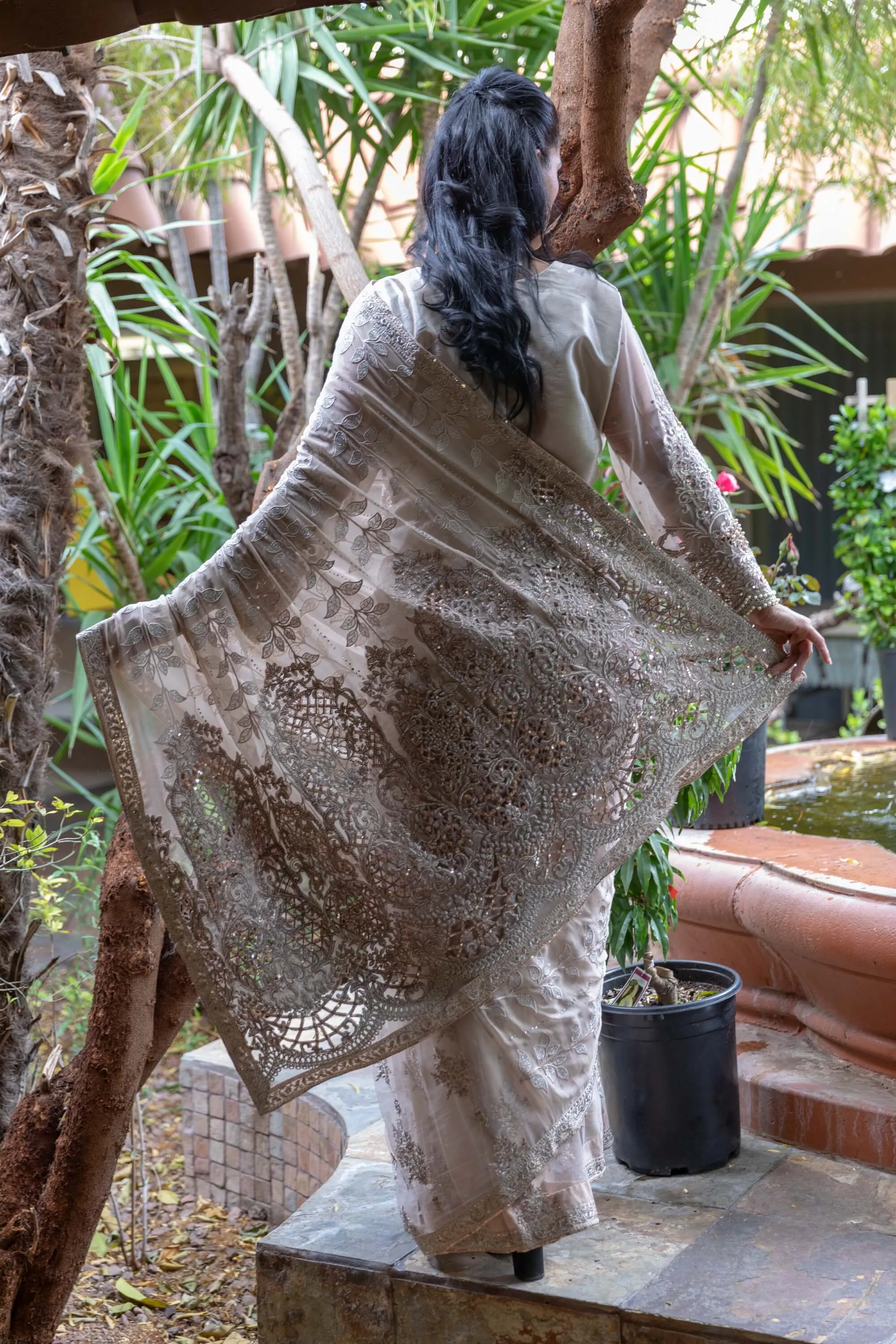 Off White Chiffon Sari (Saree) - Maria B.