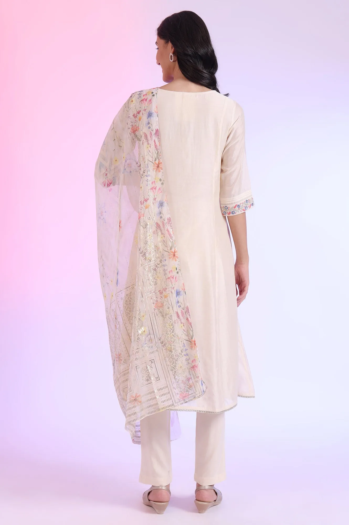 Off White Yarn Dyed Cotton Blend Flarred Kurta with Trousers & Dupatta Set