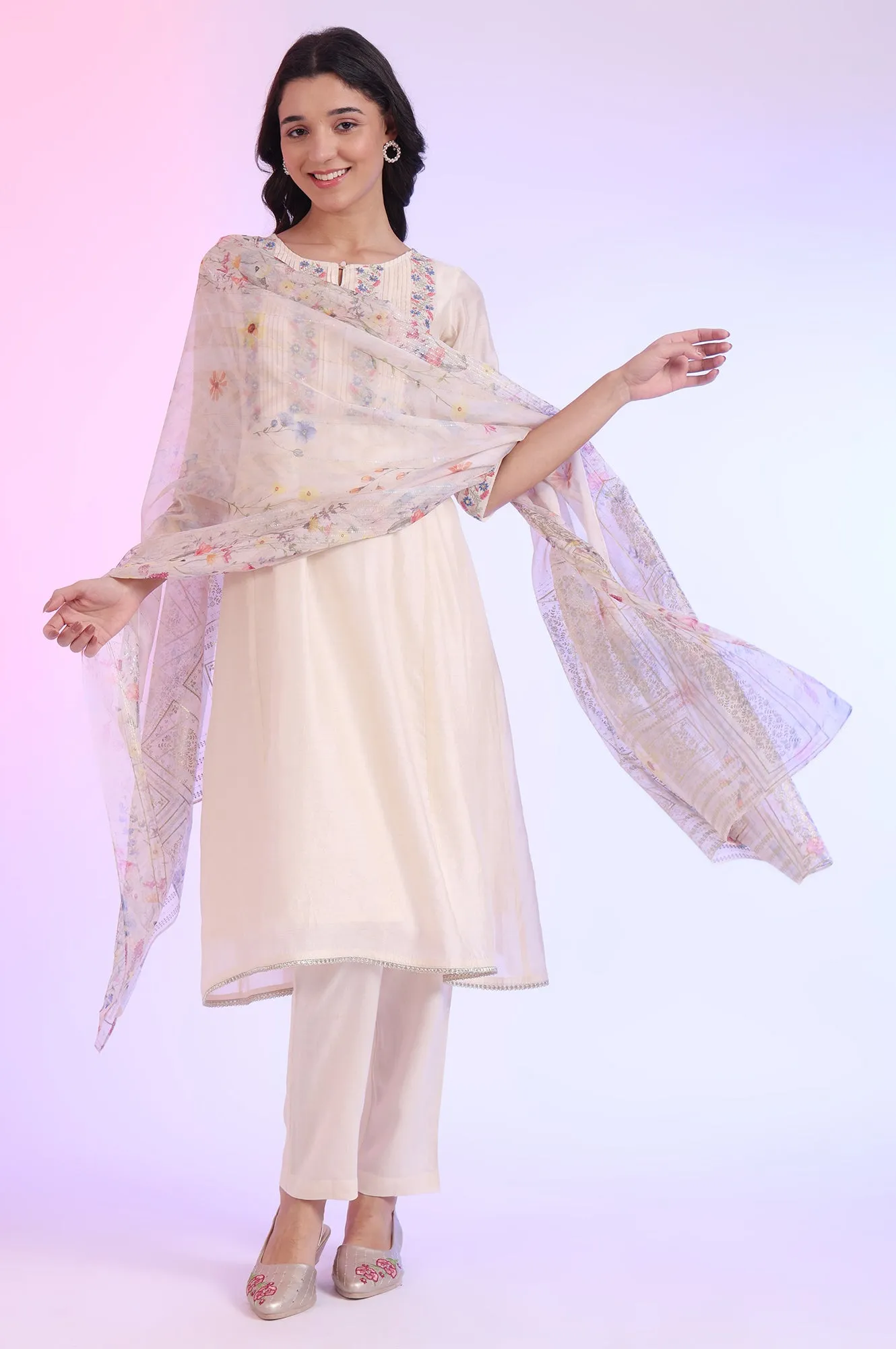 Off White Yarn Dyed Cotton Blend Flarred Kurta with Trousers & Dupatta Set