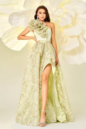 One Shoulder Floral Split Evening Dress