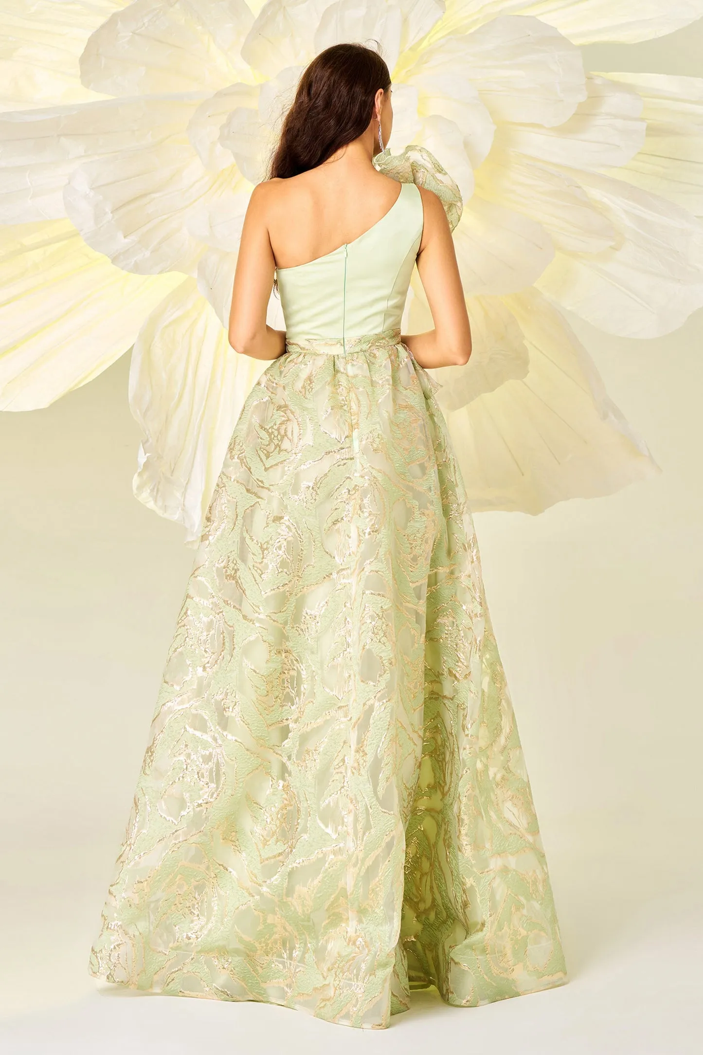 One Shoulder Floral Split Evening Dress