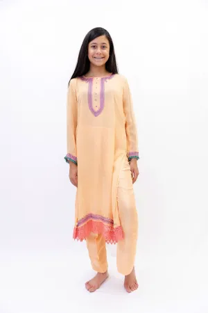 Orange Silk Salwar Kameez - Kashmir Suit