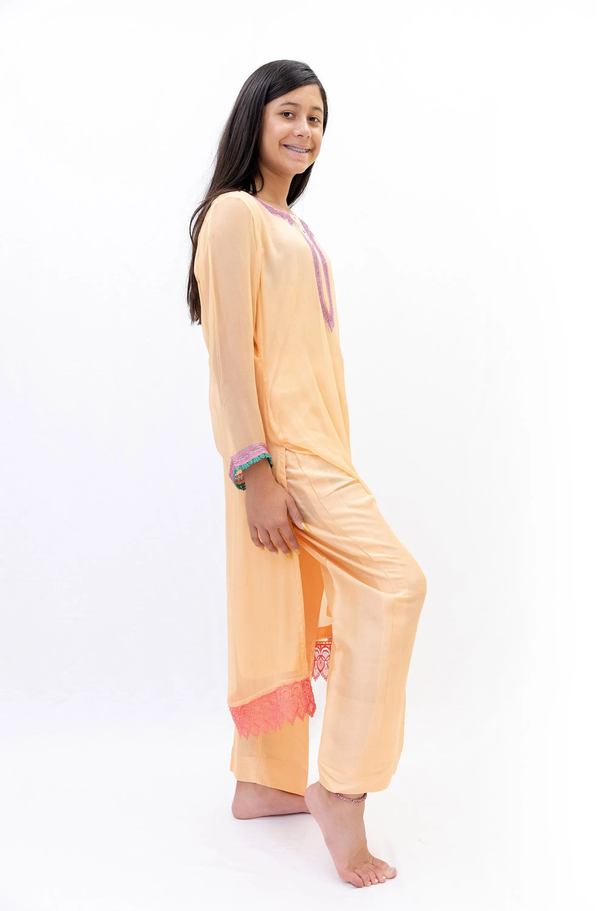 Orange Silk Salwar Kameez - Kashmir Suit