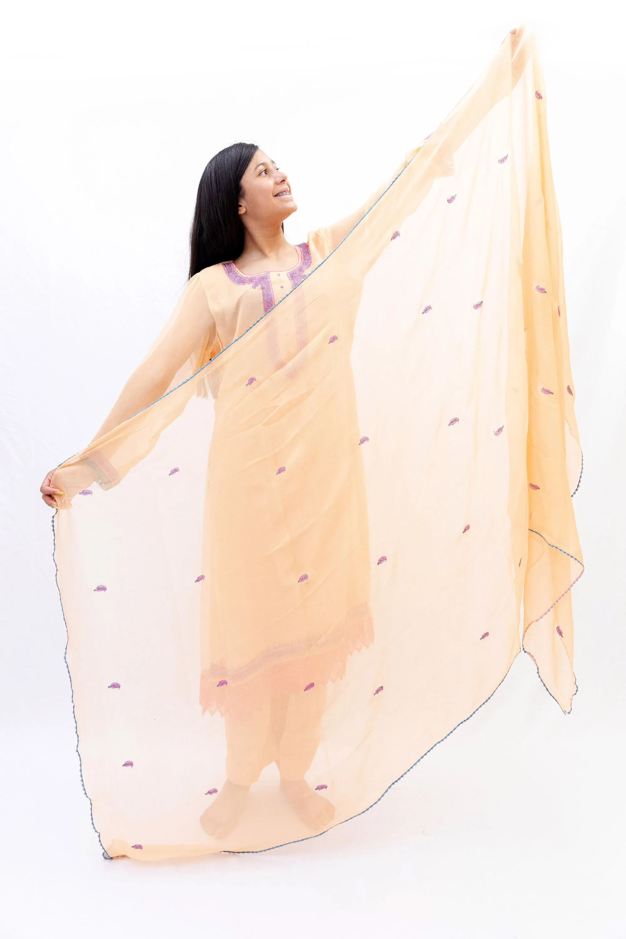 Orange Silk Salwar Kameez - Kashmir Suit
