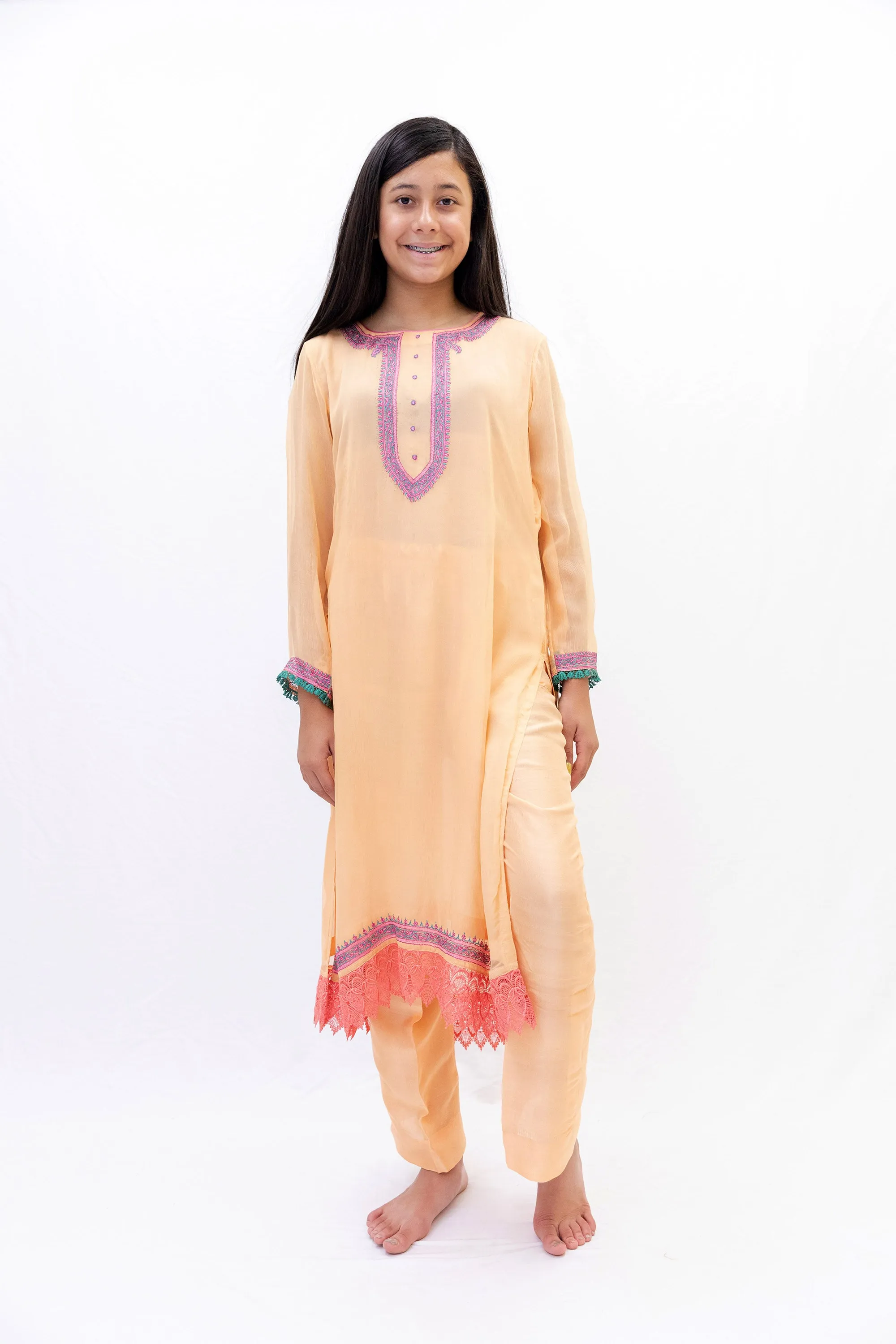 Orange Silk Salwar Kameez - Kashmir Suit