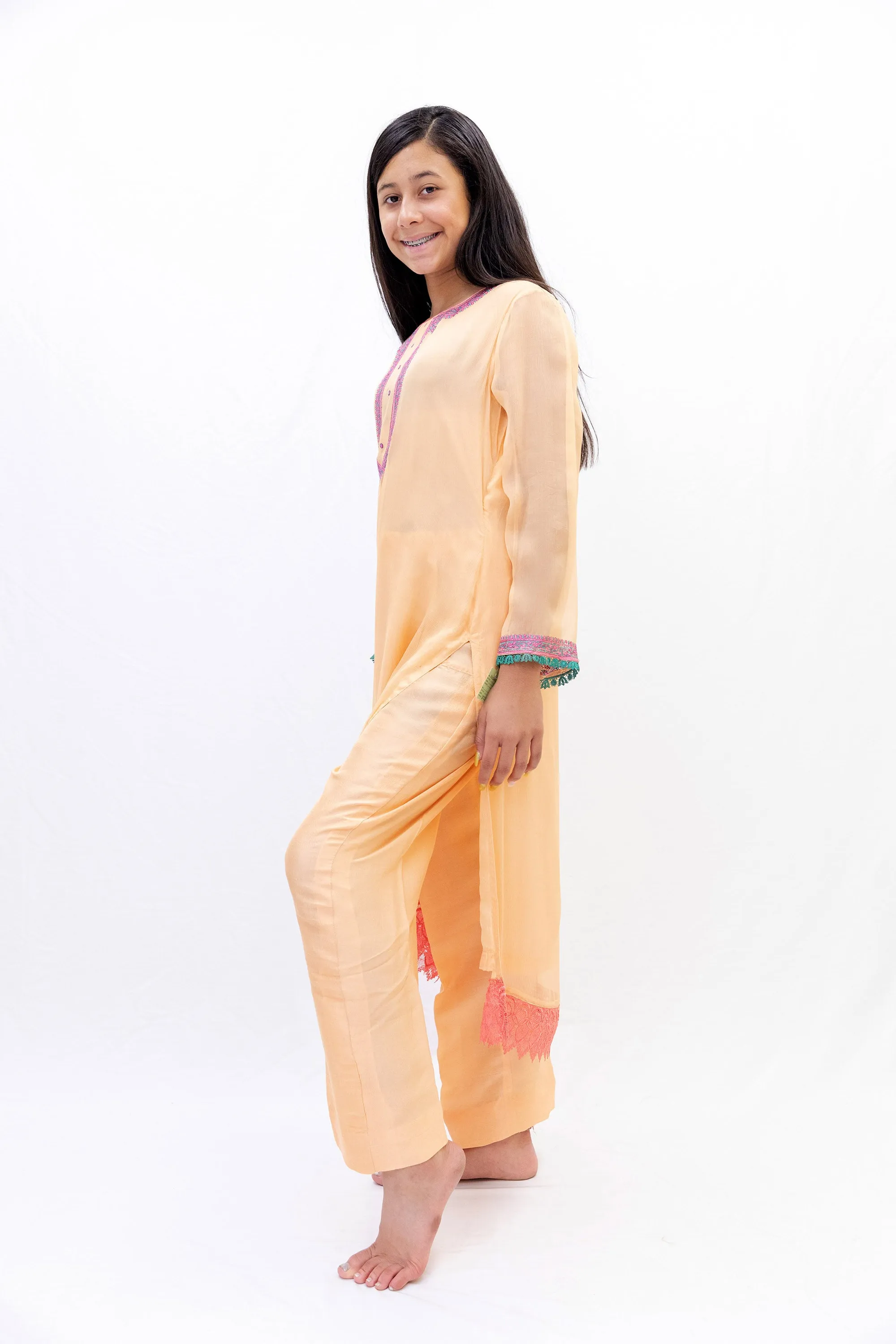 Orange Silk Salwar Kameez - Kashmir Suit