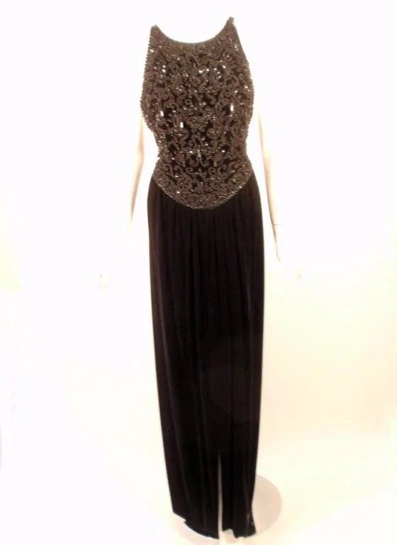 OSCAR DE LA RENTA Black Velvet Beaded Gown Halter Top Size 6