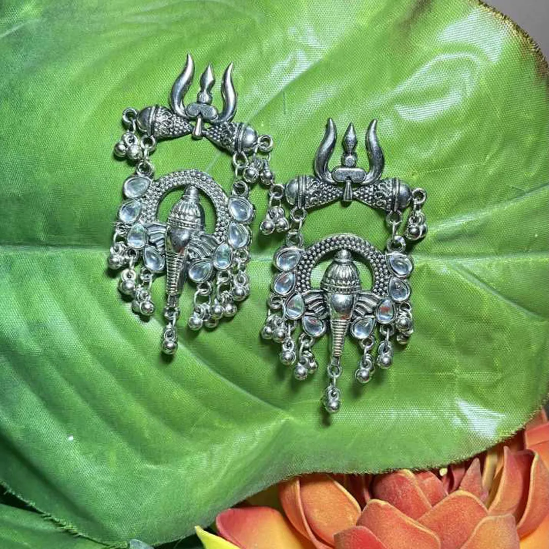 Pack of 2 Lord Ganesha Stud and Moon Star Chandelier Earrings