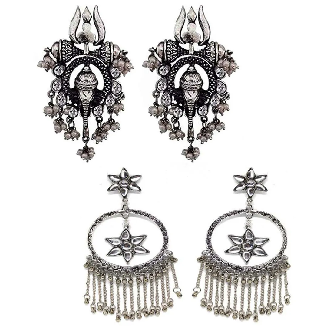 Pack of 2 Lord Ganesha Stud and Moon Star Chandelier Earrings