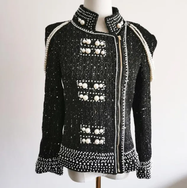 Pearl sequins heavy beaded shoulder pearl tassel jacket women