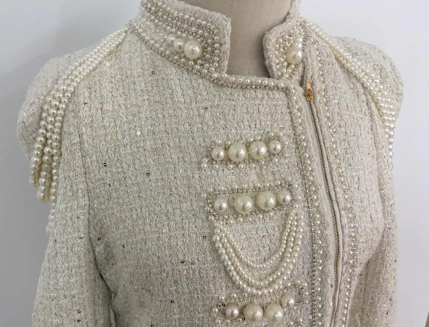 Pearl sequins heavy beaded shoulder pearl tassel jacket women
