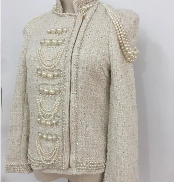 Pearl sequins heavy beaded shoulder pearl tassel jacket women