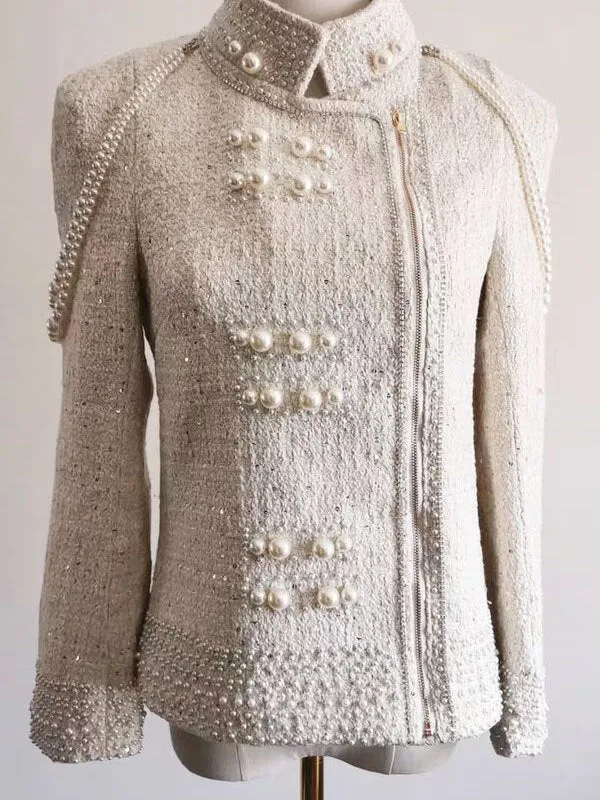 Pearl sequins heavy beaded shoulder pearl tassel jacket women