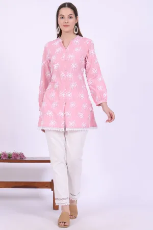 Pink Embroidered Pure Cotton Kurti & Trousers Set
