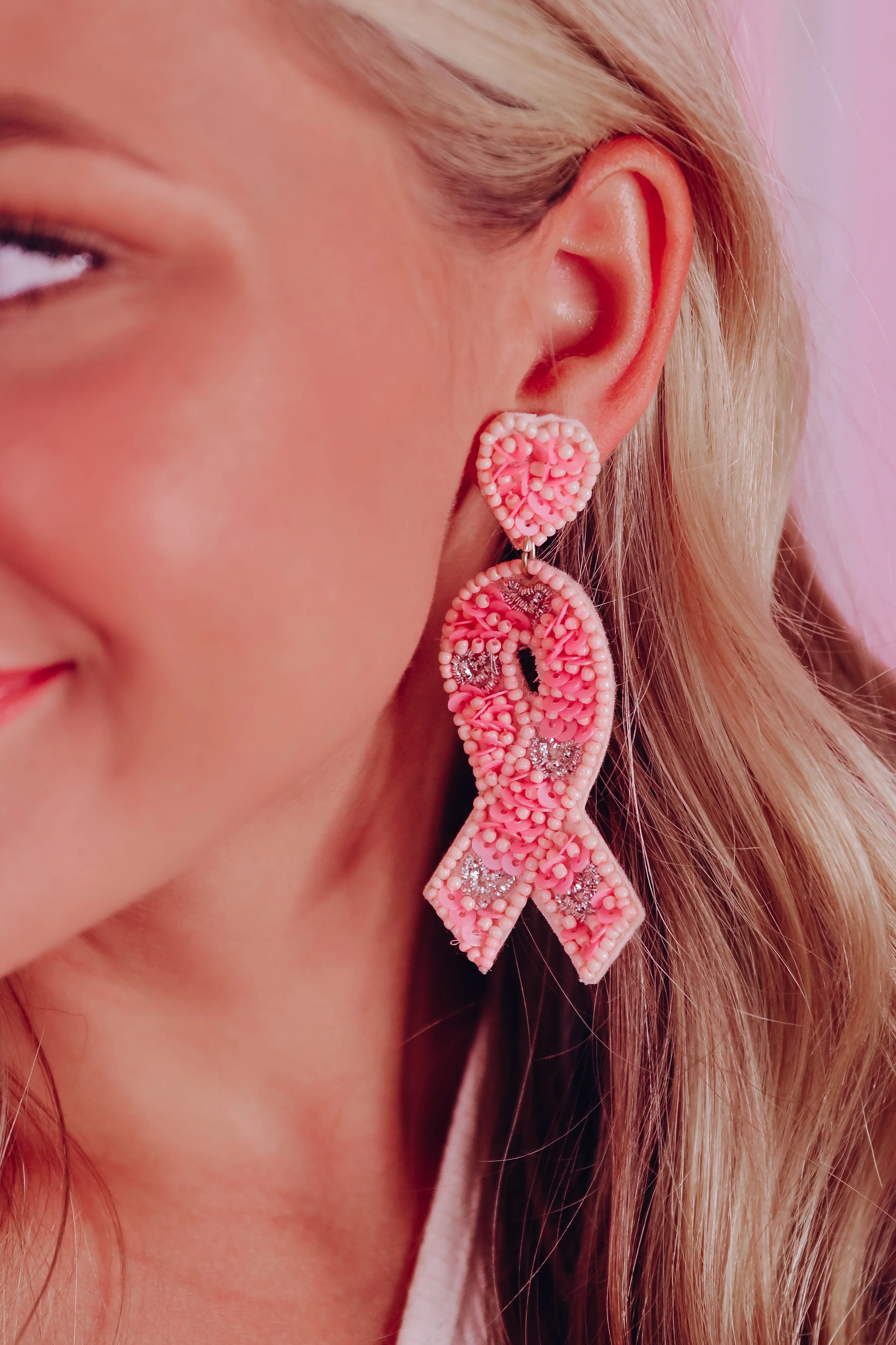 Pink Heart Ribbon Beaded Earrings - Pink