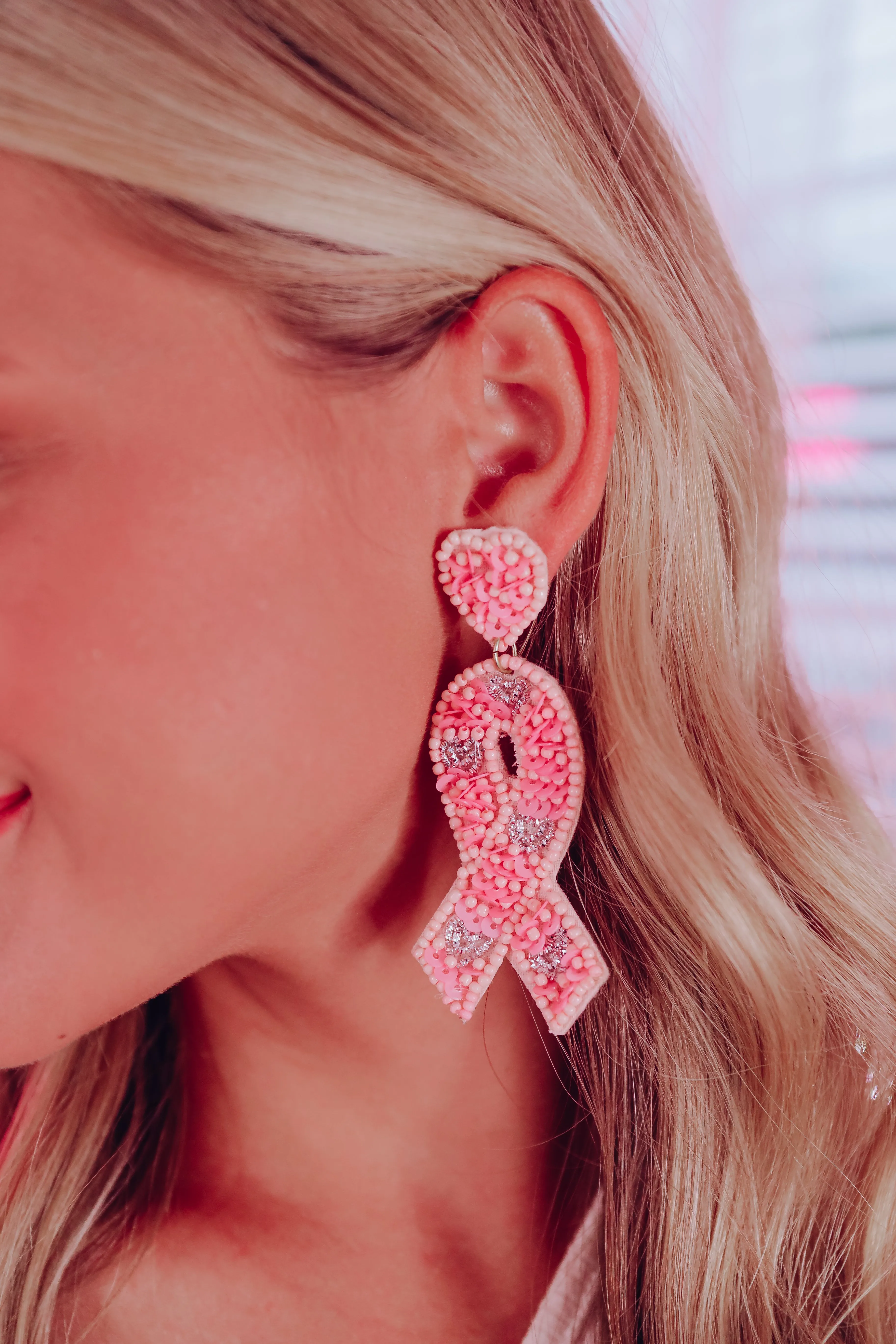 Pink Heart Ribbon Beaded Earrings - Pink