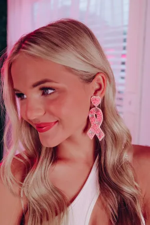 Pink Heart Ribbon Beaded Earrings - Pink