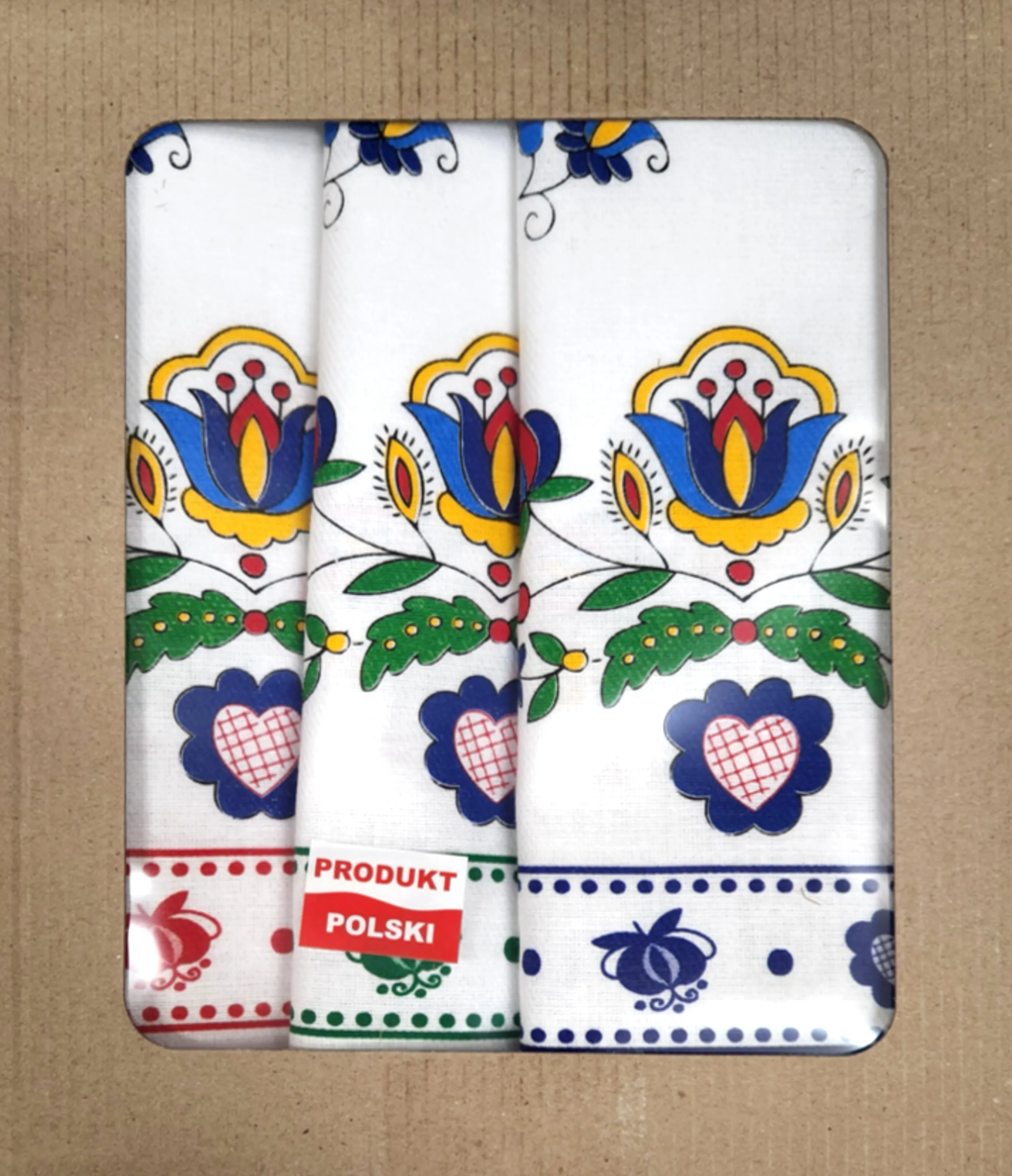 Polish Folk Art Set of 3 Kitchen Towels in Box (Kashubian Flowers)