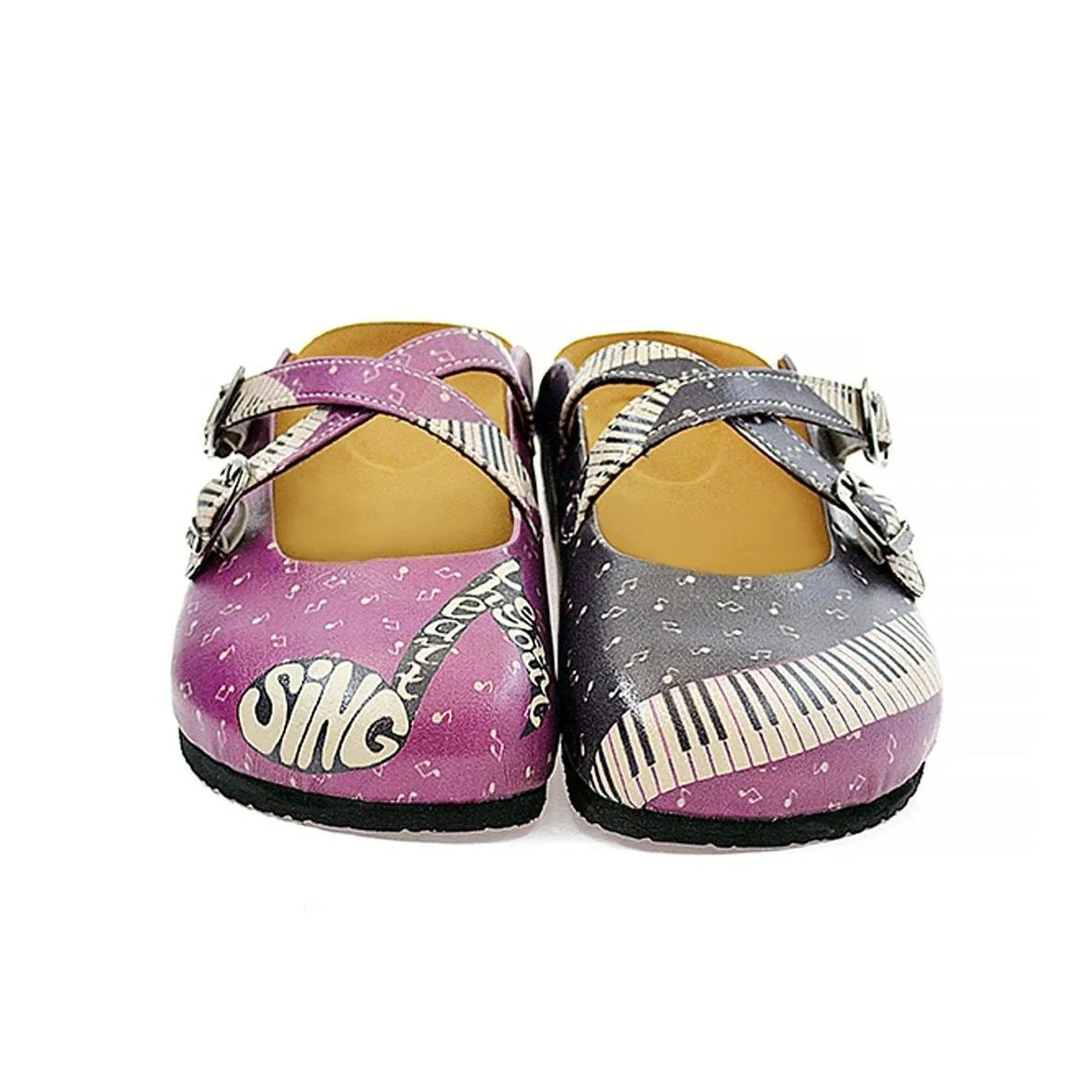 Purple, Black, White and Musical Note, Piano Patterned Clogs - CAL113