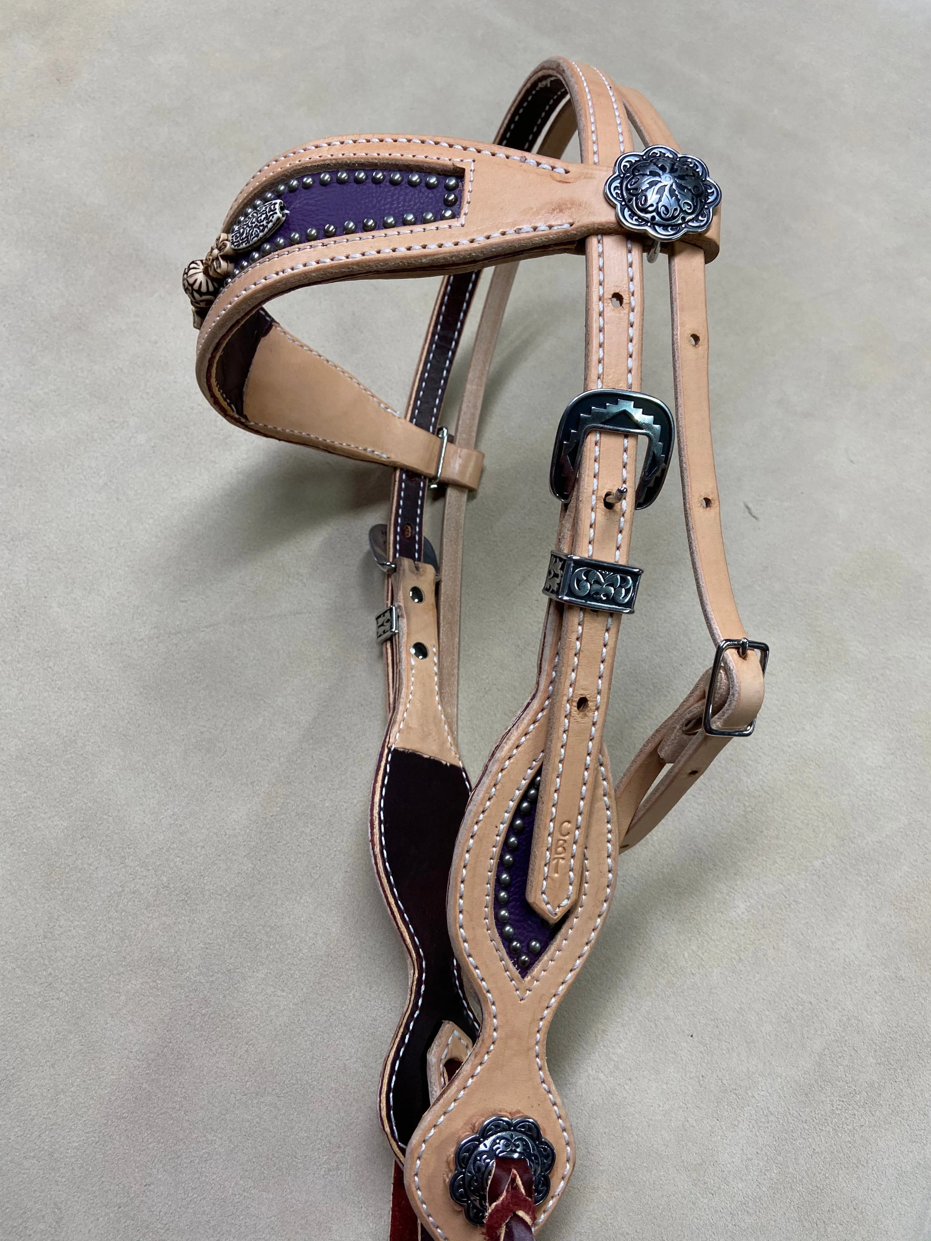Purple Brow Band Headstall with Beaded Design