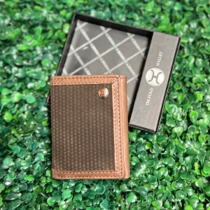 "HOOEY CLASSIC ROUGHOUT" TRIFOLD WALLET BROWN LEATHER BASKETWEAVE EMBOSSED ROUGHOUT