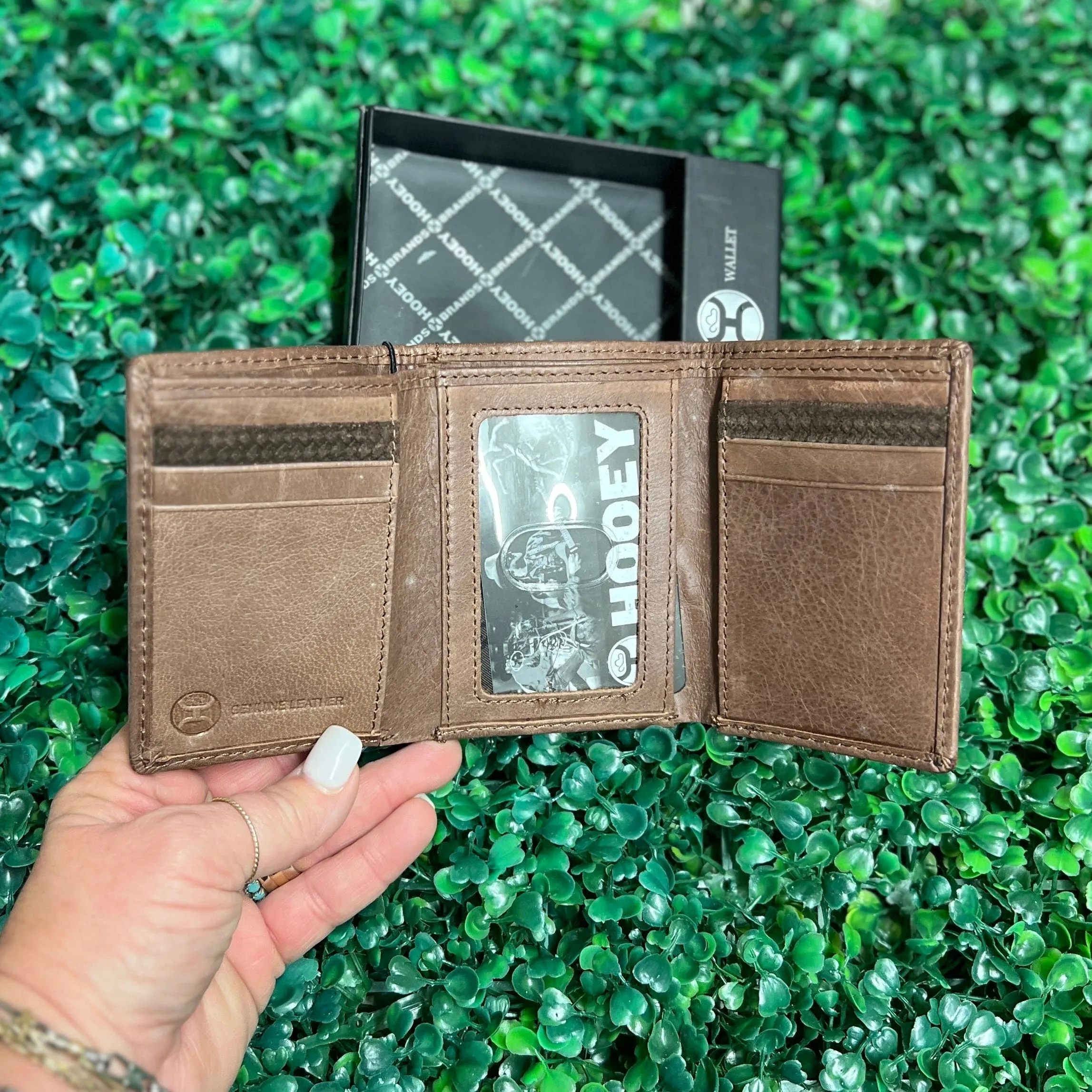 "HOOEY CLASSIC ROUGHOUT" TRIFOLD WALLET BROWN LEATHER BASKETWEAVE EMBOSSED ROUGHOUT