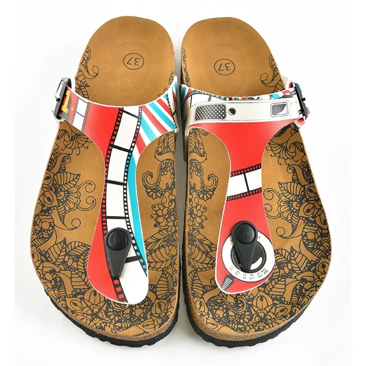 Red, Blue and White Strip and Camera Patterned Sandal - CAL509