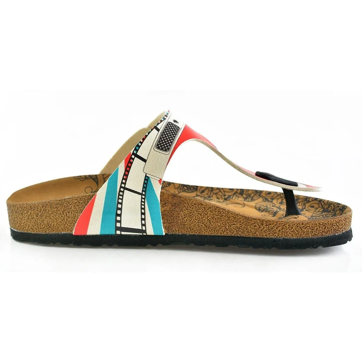 Red, Blue and White Strip and Camera Patterned Sandal - CAL509