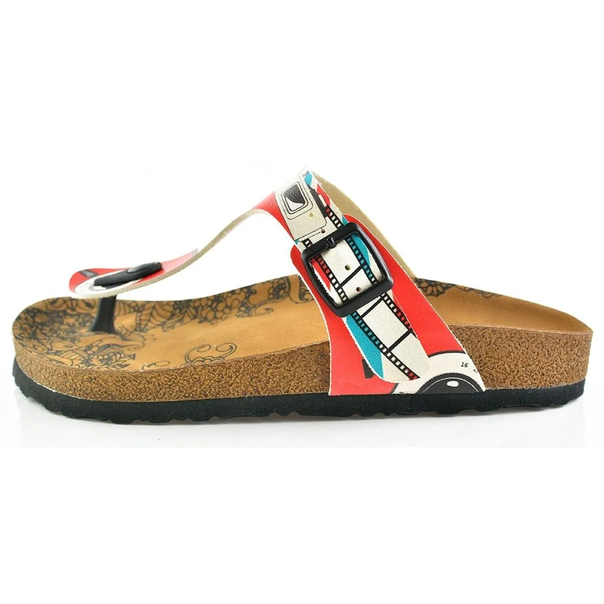 Red, Blue and White Strip and Camera Patterned Sandal - CAL509