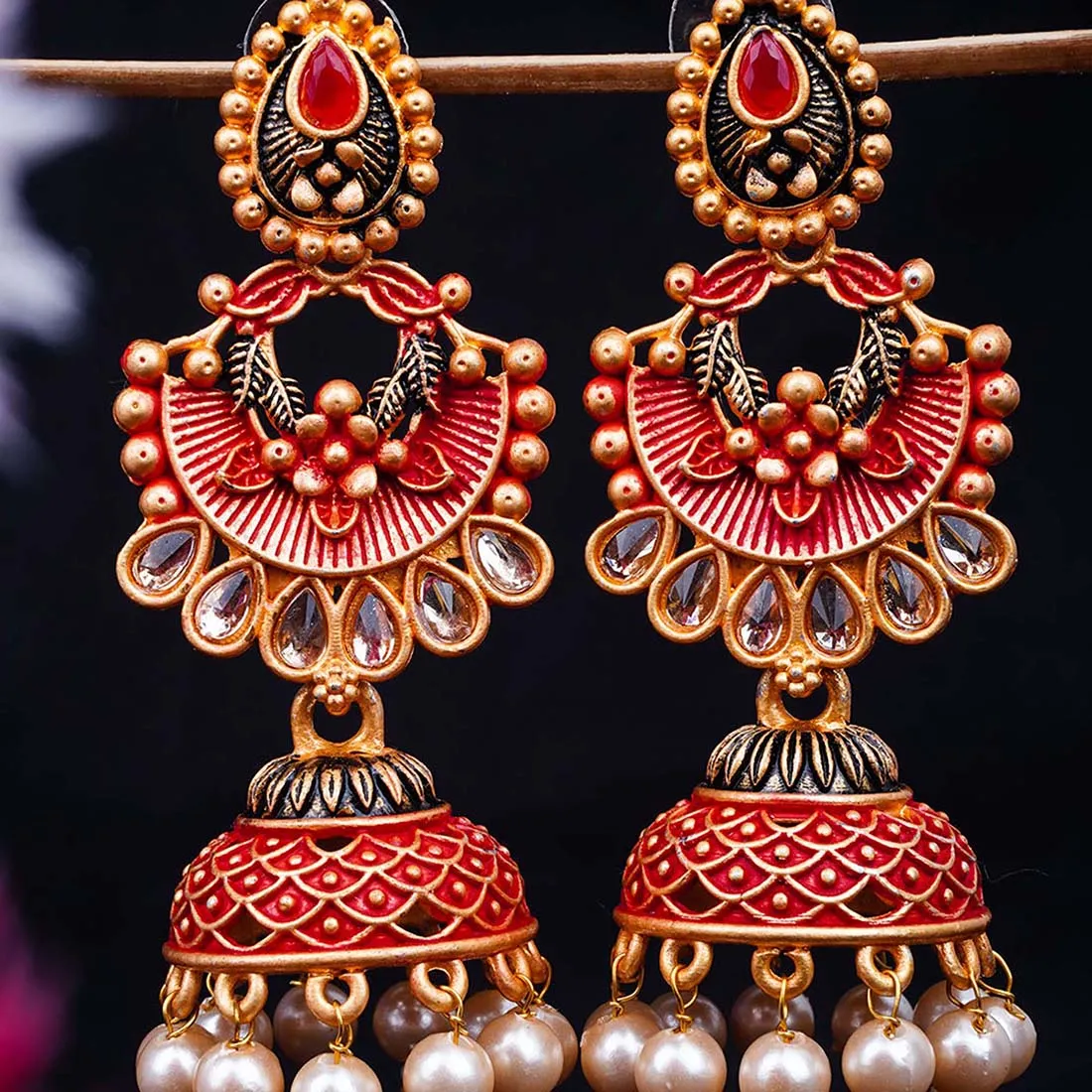 Red Crystal Gold Ethnic Jhumkas