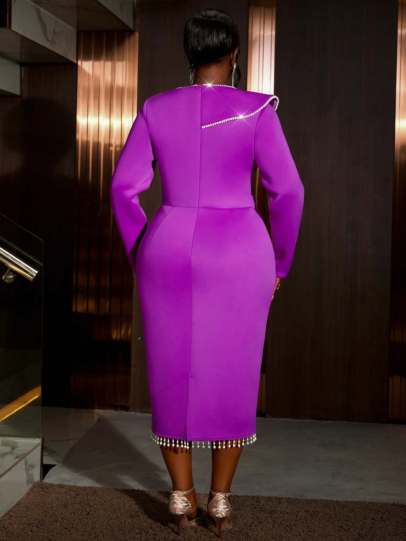 Regal Beaded Trim Long Sleeve Belted Bodycon Evening Dress