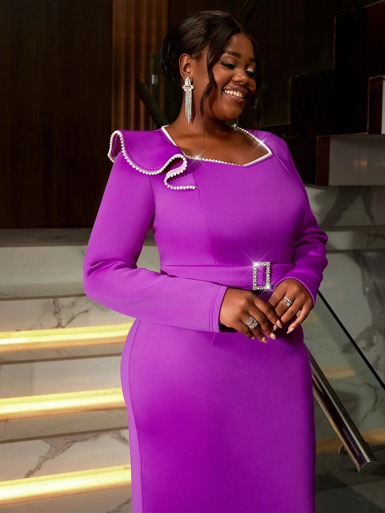 Regal Beaded Trim Long Sleeve Belted Bodycon Evening Dress