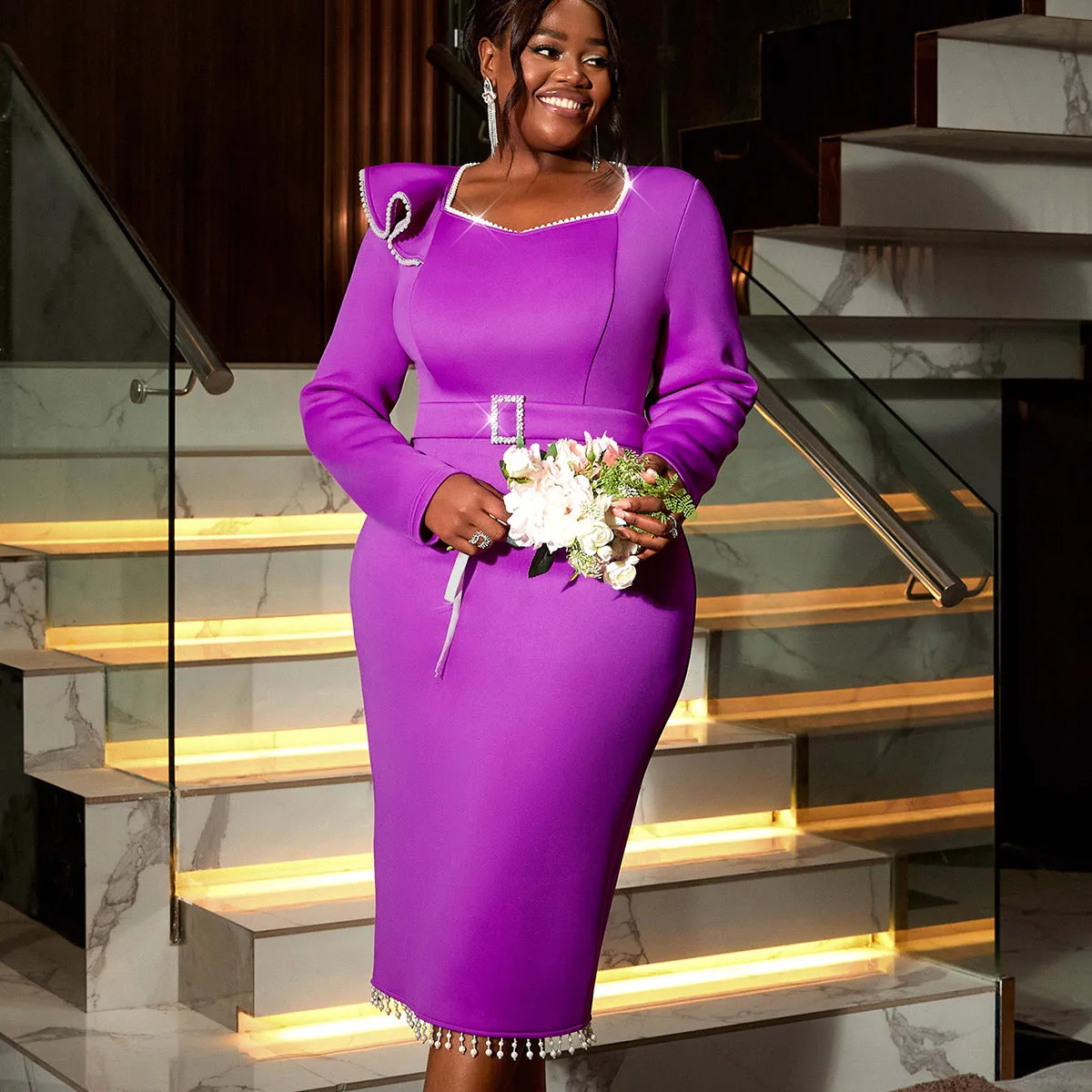 Regal Beaded Trim Long Sleeve Belted Bodycon Evening Dress