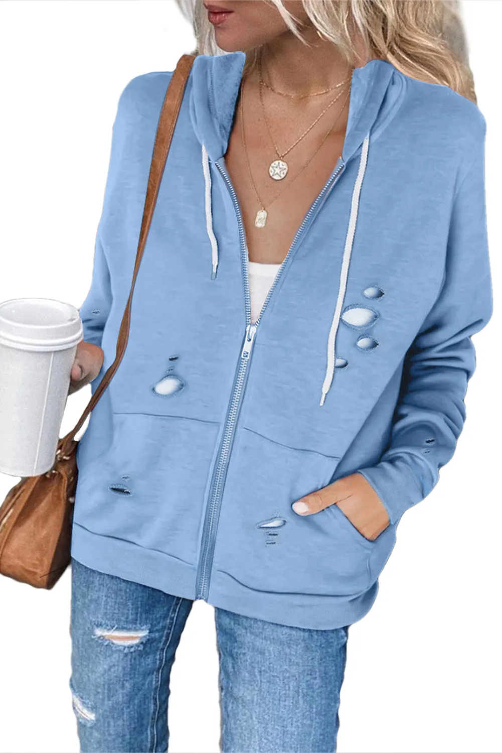 Ripped Zipper Pocket Hoodie
