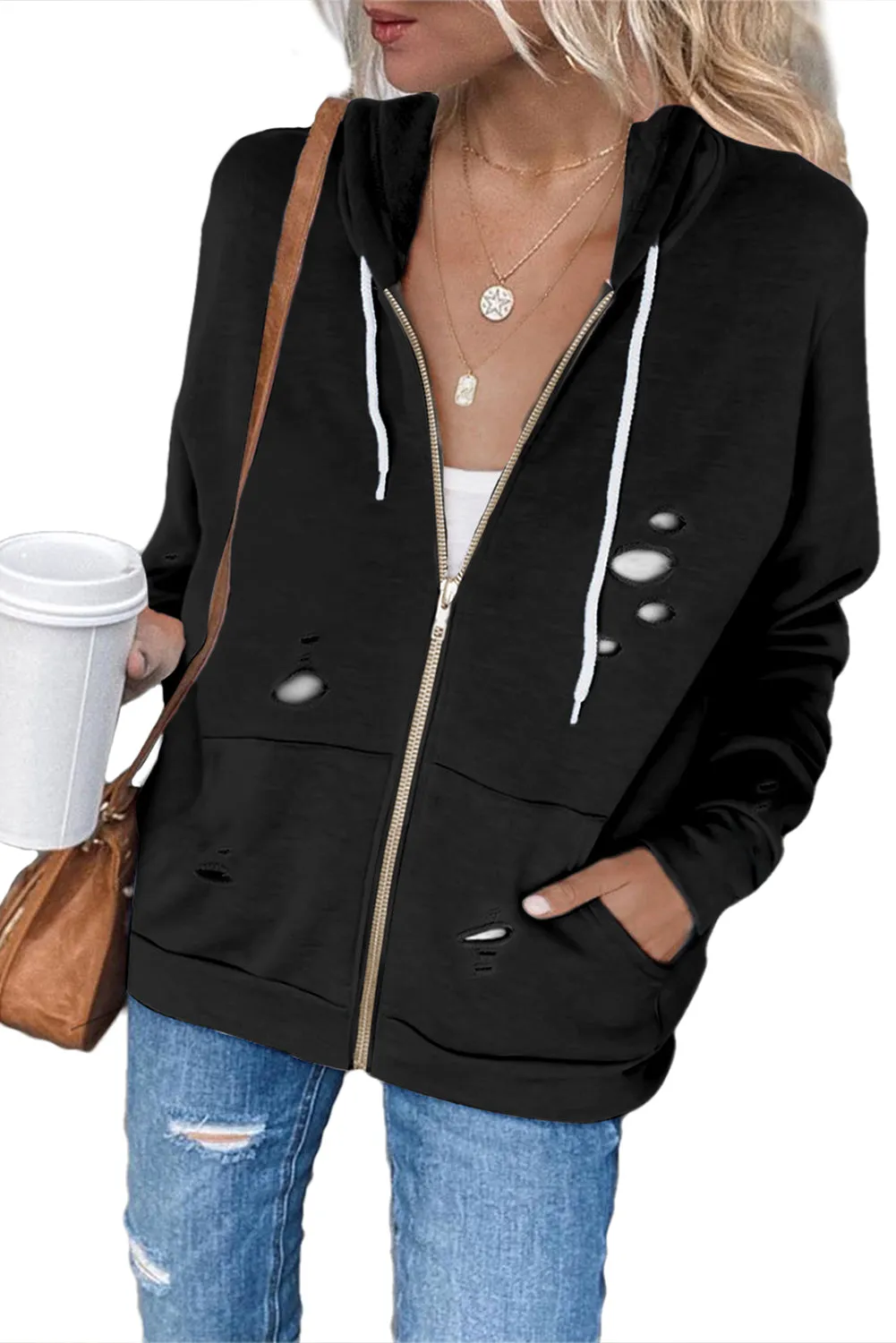 Ripped Zipper Pocket Hoodie