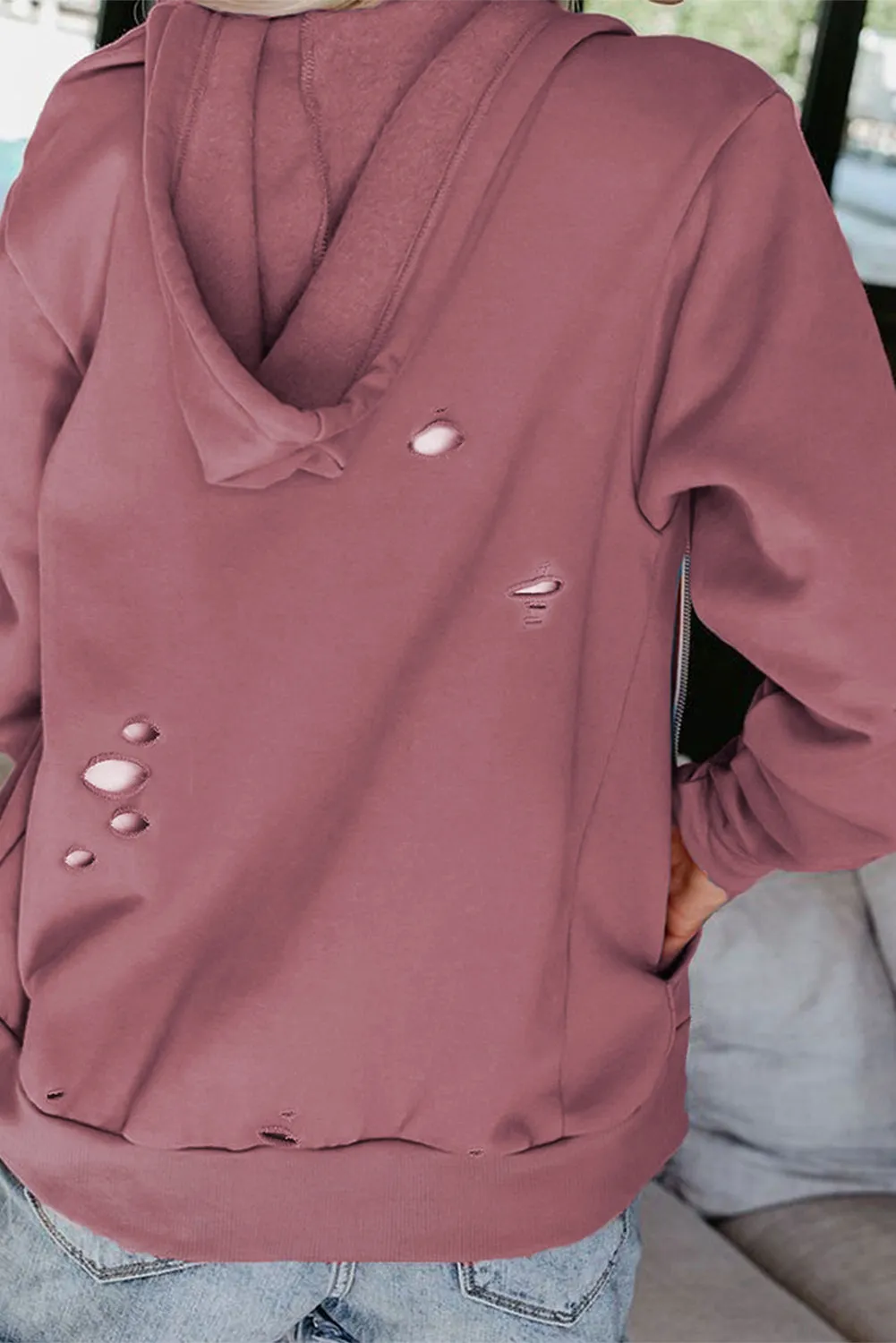 Ripped Zipper Pocket Hoodie