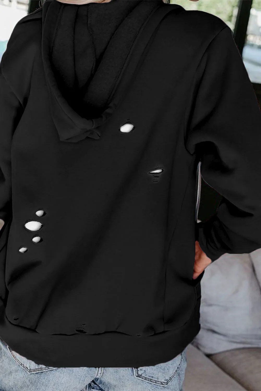 Ripped Zipper Pocket Hoodie