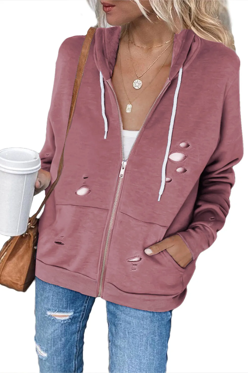 Ripped Zipper Pocket Hoodie