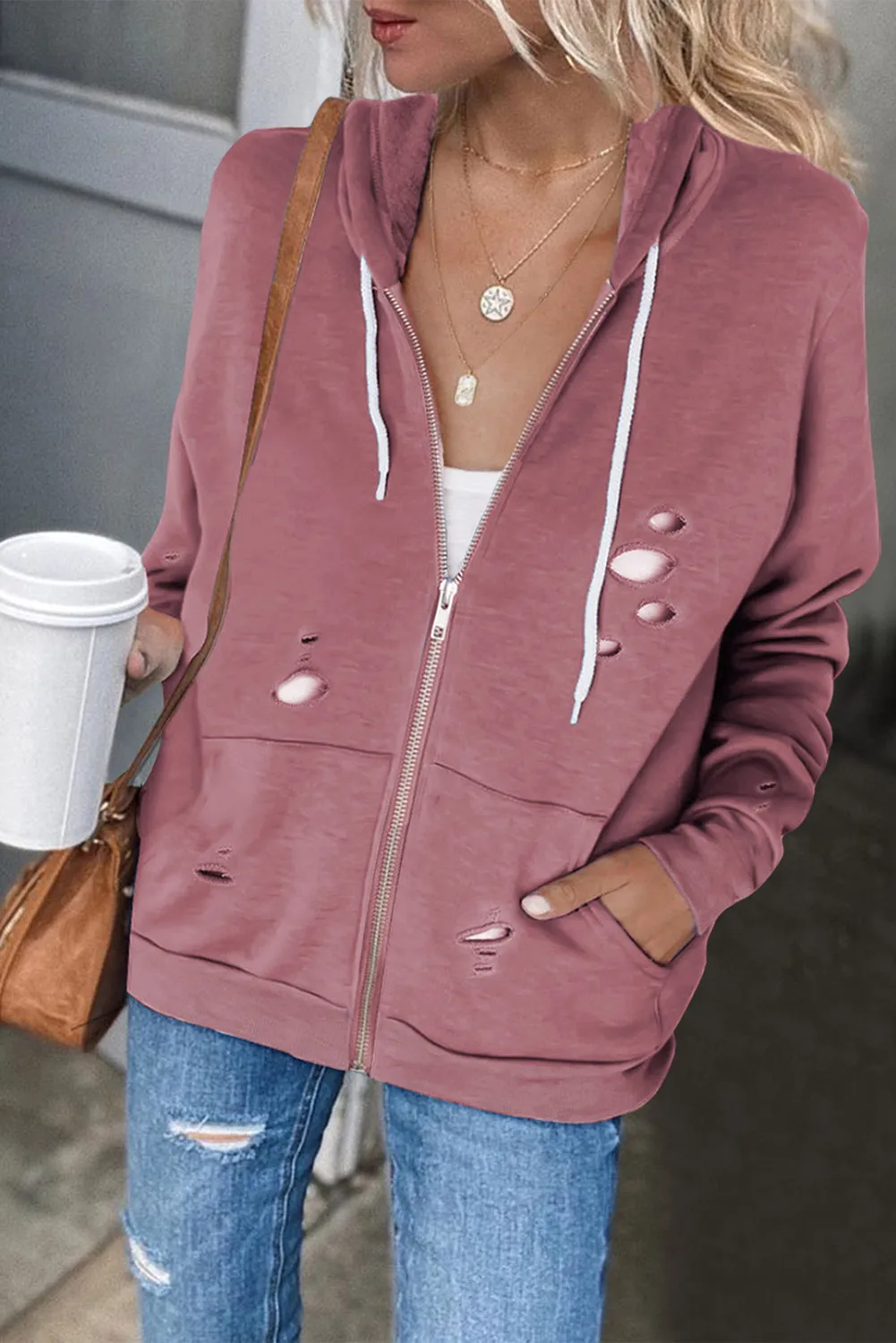 Ripped Zipper Pocket Hoodie