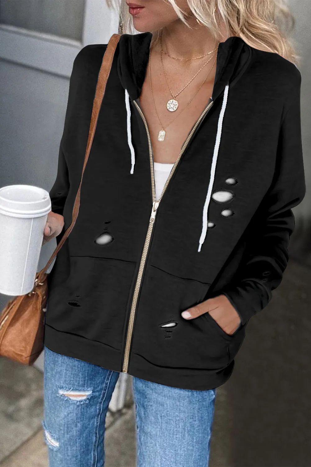 Ripped Zipper Pocket Hoodie