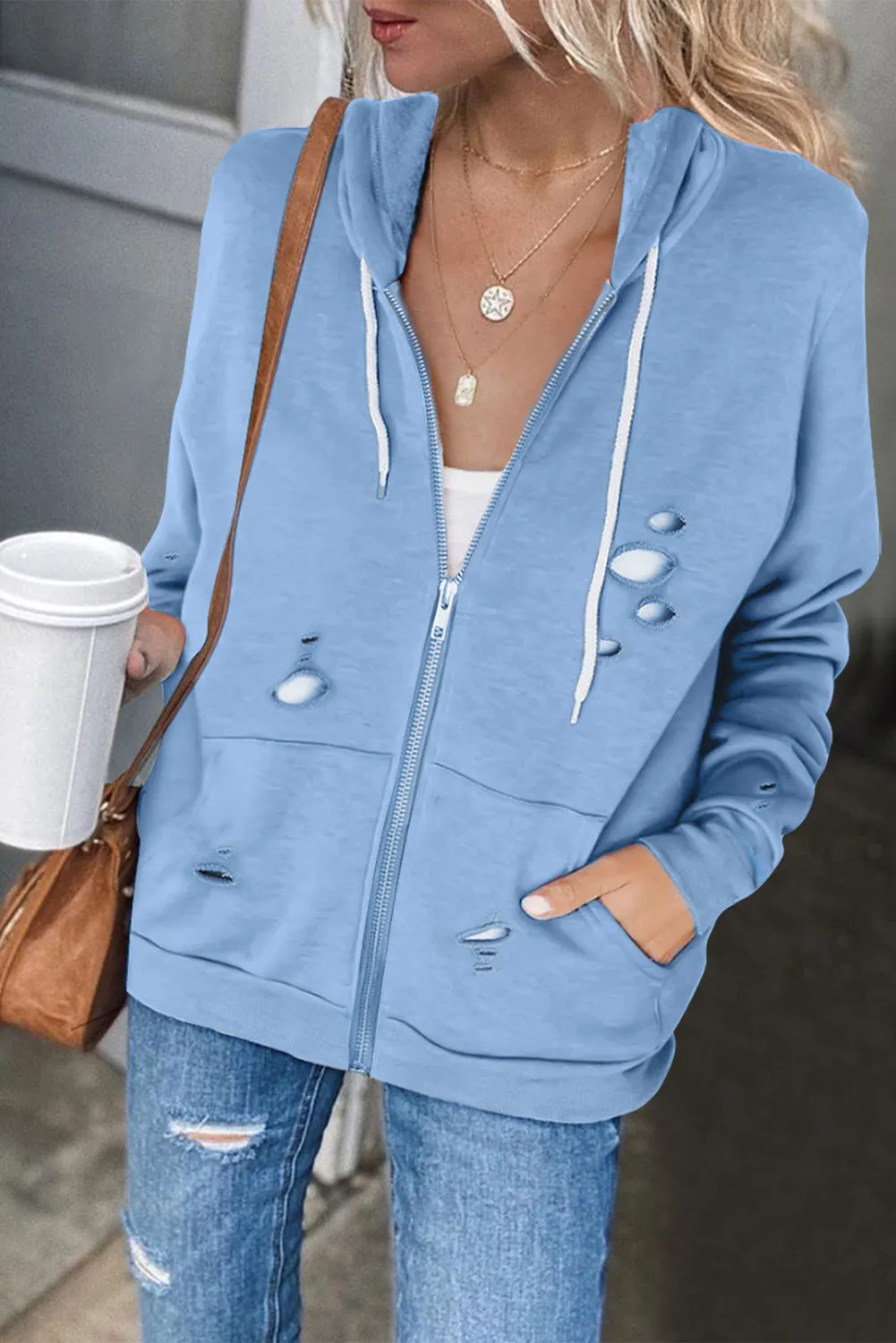 Ripped Zipper Pocket Hoodie